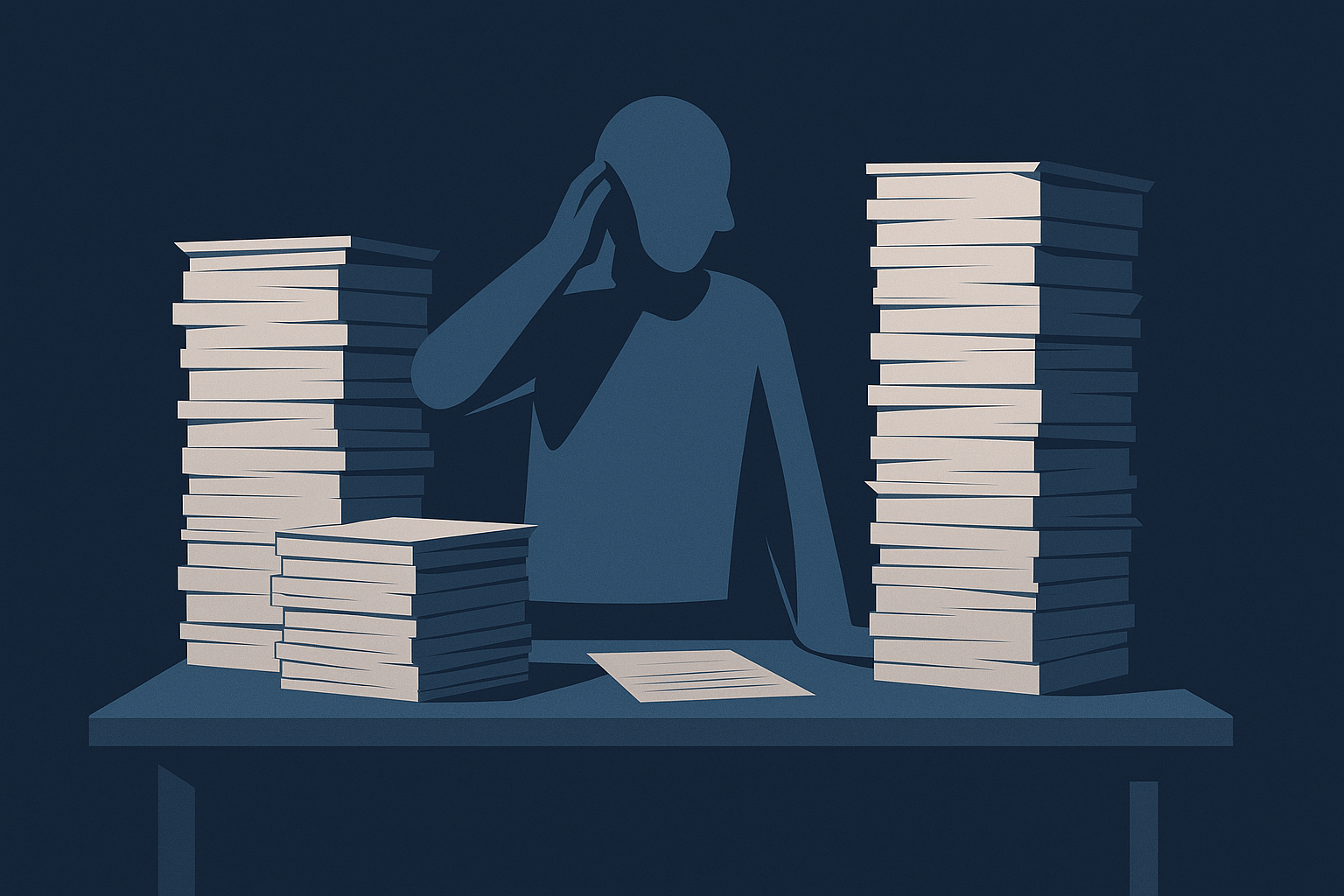 Silhouette of a stressed figure at a desk, surrounded by piles of paper, taking the leap to change jobs.
