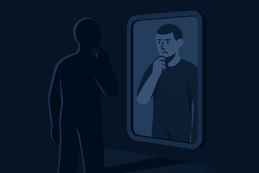 Eine stilisierte Figur betrachtet nachdenklich ihr Spiegelbild, symbolisiert Selbstzweifel überwinden Tipps.