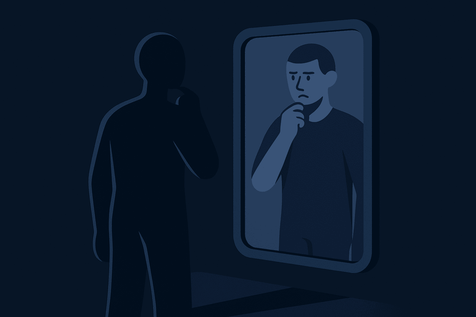 Eine stilisierte Figur betrachtet nachdenklich ihr Spiegelbild, symbolisiert Selbstzweifel überwinden Tipps.